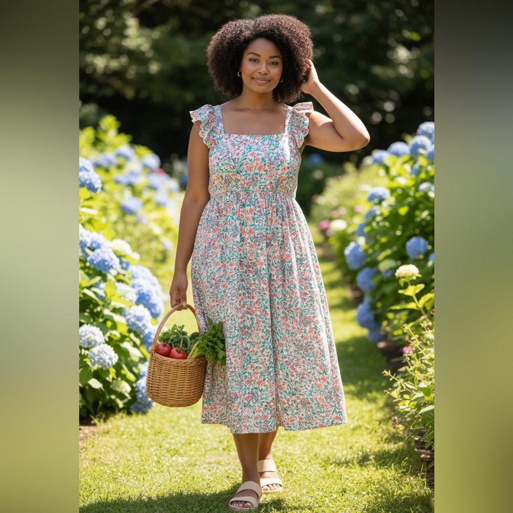 J. Crew Floral Smocked Midi Dress in Coral and Green